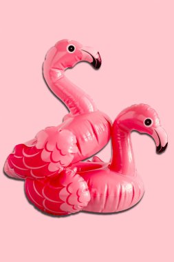 Pembe arka planda bir çift şişme pembe flamingo. Komik seks konsepti. Sevgililer Günü kreatif kartı.