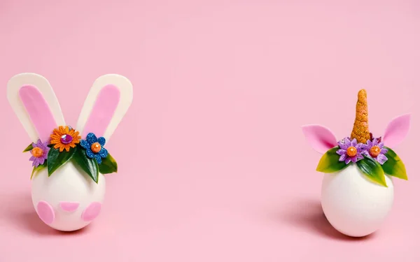 Easter Eggs Unicorns Rabbit Pastel Pink Background Copy Space Minimal — Stock Photo, Image