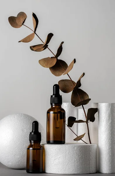 Luxury minimal still life with cosmetic products and brown dry eucalyptus leaves white products stands gray background