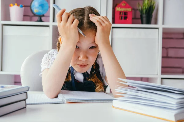 Tired Sad Schoolgirl Girl Sits Her Homework — Stock Photo, Image