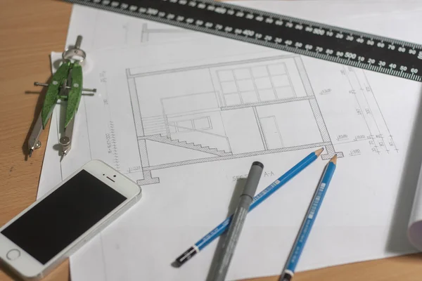 Los Planos Arquitectónicos Los Rollos Planos Los Instrumentos Dibujo Colocan —  Fotos de Stock