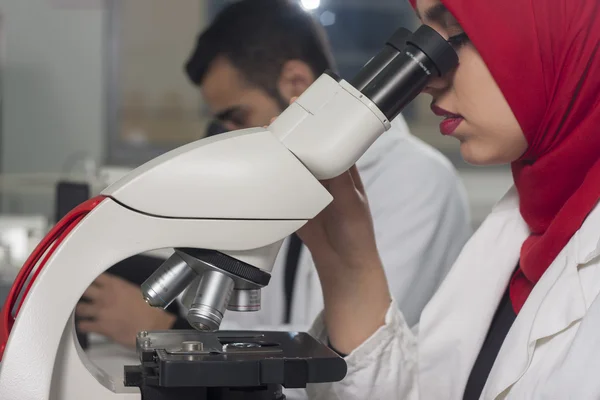 Grup genç tıbbi işçilerin laborant laboratuarda çalışıyoruz