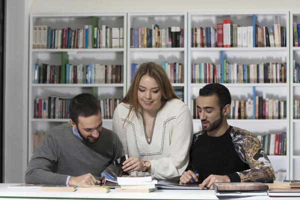 Grupo de estudantes que estudam na biblioteca universitária — Fotografia de Stock