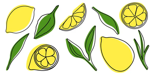 Egzotikus citrom gyümölcs, nyári trópusi gyümölcs, citromlevél, zöld, sárga színek, hálózati citrom ikonok, vektor illusztráció, fehér háttér, lapos ikon, egysoros és színes foltok gyűjteménye — Stock Vector