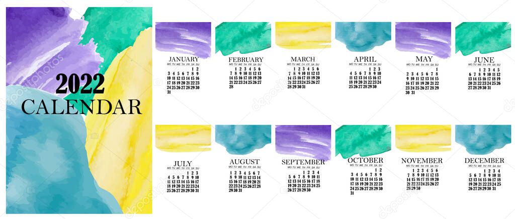 A4 calendar 2022, fashionable abstract figures. Cover art and 12 monthly pages. The week starts on Monday, pastel colors, abstract vector spots of watercolors. Planner 2022 A4, A3, A5 format