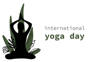 Uluslararası Yoga Günü, 21 Haziran, lotus poz, spor yoga, renkli arka planda bir kadının silüeti, düz çizgi film çizimi, afiş çizimi tasarımı, metin için yer