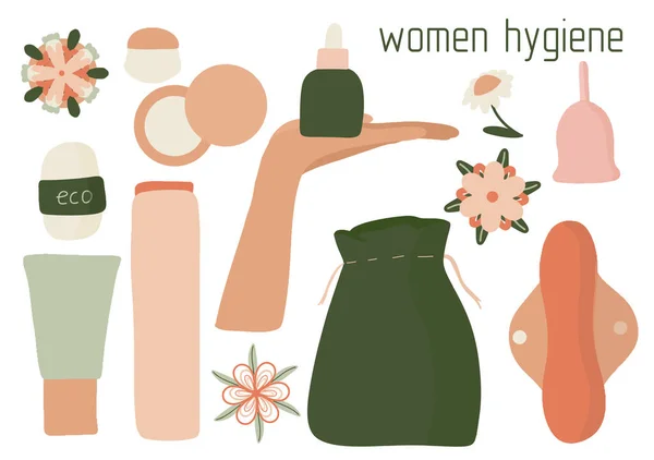 Rengöringsset för kvinnor, miljövänlig återanvändbar menstruationskopp, noll spillperioder — Stock vektor