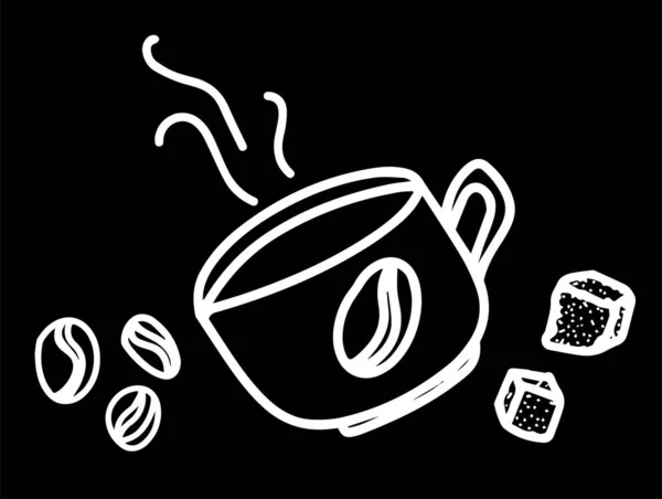 Dia Mundial do Café, ilustração doodle, caneca de café, desenhos minimalistas, estilo cartoon, doodle preto, imagens isoladas, ilustrações vetoriais. Ilustração vetorial, cubos de açúcar, grãos de café —  Vetores de Stock