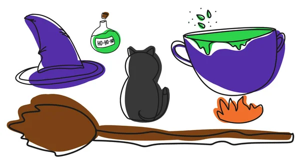 Halloween Party Set, ícones de Halloween, caldeirão de bruxas, gato preto —  Vetores de Stock