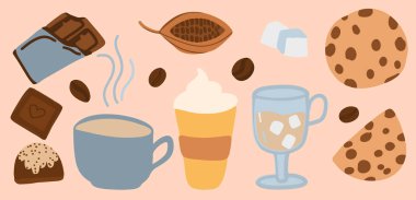 Dünya kahve günü, uluslararası kahve günü, uluslararası çikolata günü, çizgi film illüstrasyonu, kahve kupaları, çikolata parçalı kurabiyeler, izole edilmiş resimler, vektör çizimleri