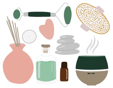 Aromaterapi, yayıcı, aroma lambası, güzellik sanatı seti, yüz ve vücut masajcıları için elementlerin toplanması