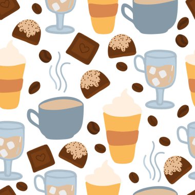 Çikolata elementleri ve kahve kupaları, dünya kahve günü, uluslararası kahve günü, uluslararası çikolata günü, karikatür illüstrasyonu, kahve kupaları, çikolata ve şeker.