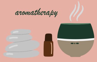 Aromaterapi, yayıcı, aroma lambası, yüz ve vücut masajı, spa ve sağlık terapisi, çizgi film düz resimleme, vektör güzellik simgeleri için elementlerin toplanması