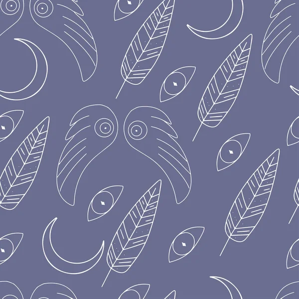 Naadloos patroon in Scandinavische stijl, patronen van veren en vleugels, maan, amuletten, te gebruiken voor het bedrukken op textiel, verpakkingspapier, schrijfwaren en persoonlijk ontwerp — Stockvector