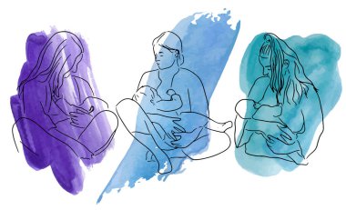 Kadınlar bir bebeği emziriyor, emziriyor, emziren kızlar topluyor, 1-7 Ağustos 'ta dünya emzirme desteği haftası, moda ve modern çizimler, vektör suluboya noktaları