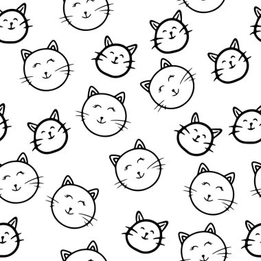 Kedi yüzlü kusursuz desen, kedi karalamaları, şirin kedi yüzleri, İskandinav tarzı, sevimli illüstrasyon, çizgi film çizimi, el çizimi, siyah beyaz vektör çizimi, izole edilmiş illüstrasyon.