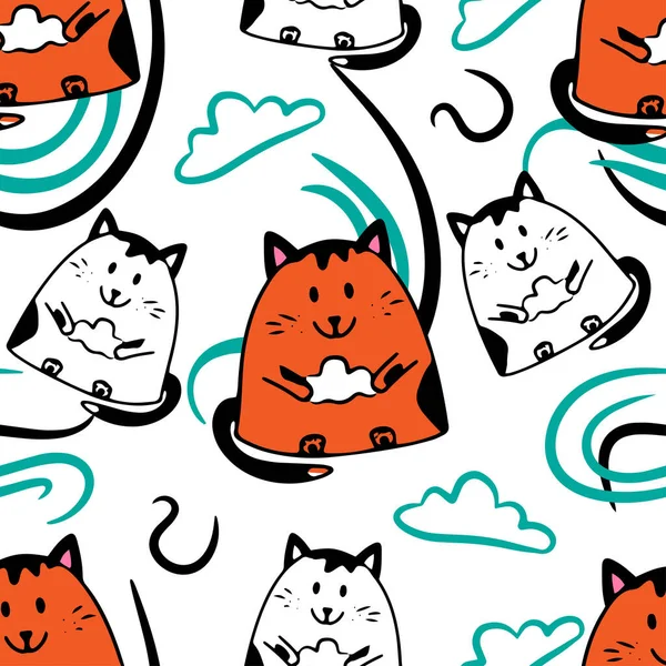 Бесшовный рисунок с кошками, котята держат облака в лапах, цветные каракули, скандинавский стиль, милая иллюстрация, рисование мультфильмов, ручная работа, красная кошка, векторная иллюстрация — стоковый вектор