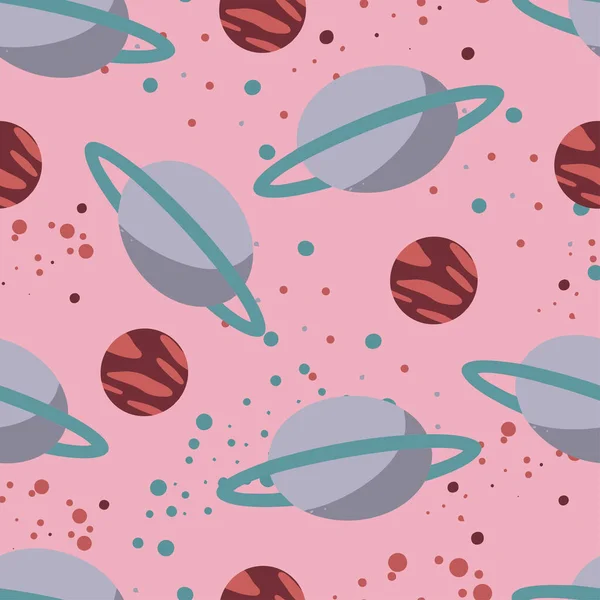 Seamless pattern of planets and dots, cute illustration, cartoon style, digital paper, pattern for wrapping paper, business cards, textiles, wallpaper, earthy shades of colors, vector