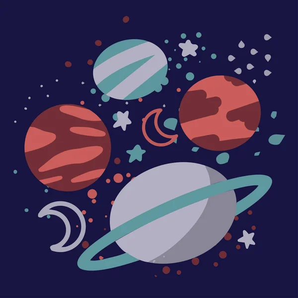 Un conjunto de elementos con planetas, puntos, estrellas y la luna, una linda ilustración, una colección de iconos de planetario, estilo de dibujos animados, garabatos modernos, tonos terrosos de colores, vector — Vector de stock