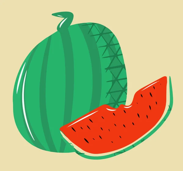 Wassermelonen-Komposition, eine ganze Wassermelone und eine Scheibe, niedliche Illustration, zum Drucken auf T-Shirts, Schreibwaren, Cartoon-Stil, modern und einfach, saftige Sommertöne, Vektor — Stockvektor