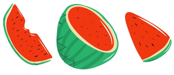 Set aus Wassermelonenelementen, ganze Wassermelone, halbe, viertel, Wassermelonenscheibe, niedliche Illustration, Sammlung von Wassermelonen-Symbolen, Cartoon-Stil, moderner und einfacher Stil, saftige Sommertöne, Vektorset — Stockvektor