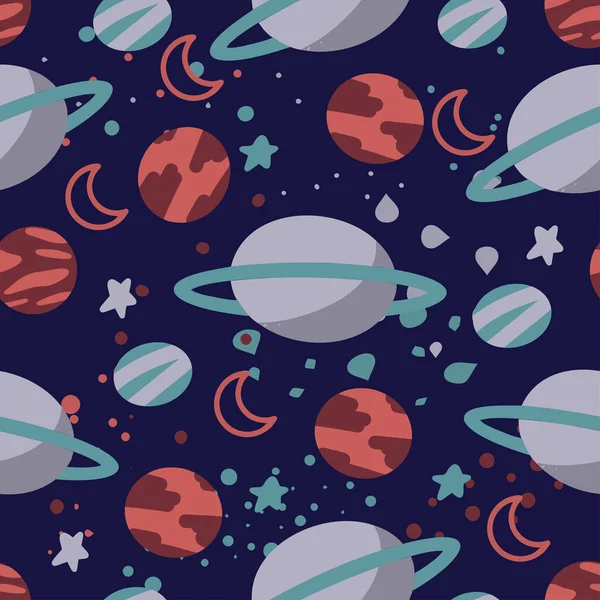 Seamless pattern of planets, dots, stars and the moon, cute illustration, cartoon style, digital paper, pattern for wrapping paper, business cards, textiles, wallpaper, earthy shades of colors, vector