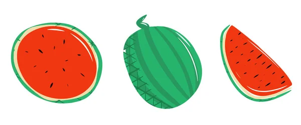 Set of watermelon elements, whole watermelon, half, quarter, watermelon slice, cute illustration, watermelon icon collection, cartoon style, modern and simple style, juicy summer shades, vector set — Stock Vector