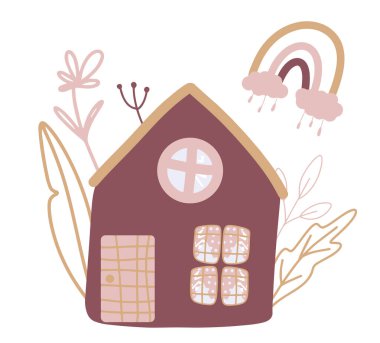 Kompozisyon, botanik öğeleri ve gökkuşağı olan bir ev, sevimli bir illüstrasyon, bir çocuk çizimi, bir çizgi film tarzı, modern ve basit bir sanat, tişörtlere baskı, bir kartpostal ve daha fazlası.