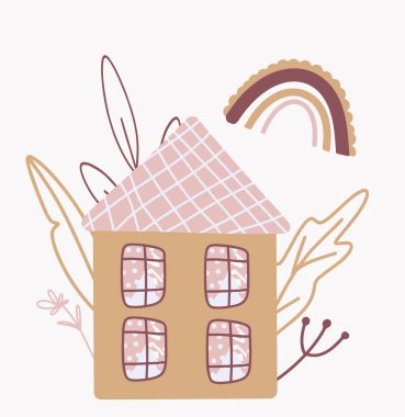 Kompozisyon, botanik öğeleri ve gökkuşağı olan bir ev, sevimli bir illüstrasyon, bir çocuk çizimi, bir çizgi film tarzı, modern ve basit bir sanat, tişörtlere baskı, bir kartpostal ve daha fazlası.
