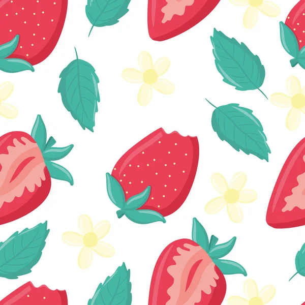 收集多汁草莓，完整的和被咬的草莓，一套夏天的浆果，一朵花和树叶，一个可爱的卡通画，设计元素，文具，贴纸 — 图库矢量图片