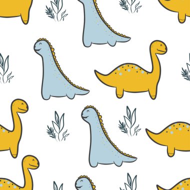 Dinozorların kusursuz desenleri, benekli sarı ve mavi dinozorlar, el yapımı çizimler, İskandinav tarzında dinozor, vektör dinozorlar, kumaş, tekstil, baskı için çocuk arka planı,