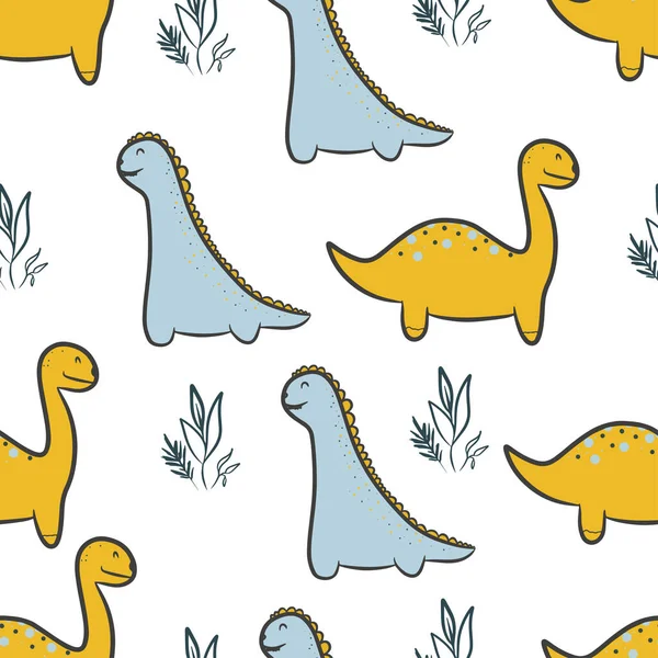 Dinozorların kusursuz desenleri, benekli sarı ve mavi dinozorlar, el yapımı çizimler, İskandinav tarzında dinozor, vektör dinozorlar, kumaş, tekstil, baskı için çocuk arka planı,