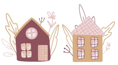 şirin evleri olan elementlerin toplanması, botanik unsurları olan çizimler, narin renkler, çizgi film evleri, basit ve şirin bir stil, defterlere baskı, duvar kağıdı. 