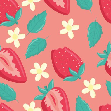 Çilekli kusursuz desen, sulu yaz baskısı, parlak desen, yaz meyveleri, çiçek ve yapraklar, sevimli karikatür çizimleri, dizayn için elementler, yatak örtüleri, perdeler, masa örtüleri.