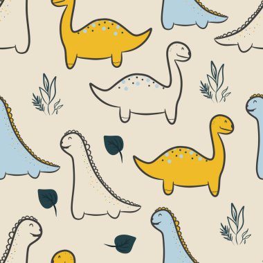 Dinozorların kusursuz desenleri, benekli sarı ve mavi dinozorlar, el yapımı çizimler, İskandinav tarzında dinozor, vektör dinozorlar, kumaş, tekstil, baskı için çocuk arka planı,