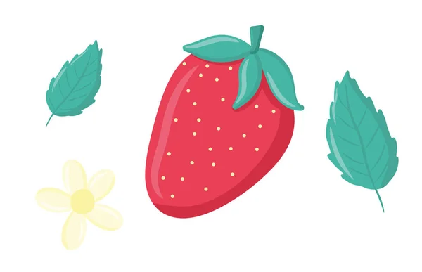 Sammlung saftiger Erdbeeren, ganzer und gebissener Erdbeeren, einer Reihe von Sommerbeeren, einer Blume und Blättern, einer niedlichen Cartoon-Illustration, Designelementen, Papeterie, Aufklebern — Stockvektor