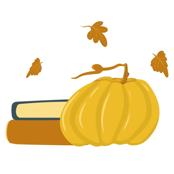 Őszi kompozíció könyvek és egy tök a lombozat, hangulatos ősz, aranyos rajzfilm illusztráció lapos stílusban, helló ősz, meleg sárga árnyalatok, nyomtatott nyomtatás, vektor illusztráció — Stock Vector