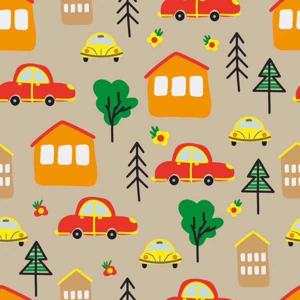 Seamless pattern with hand-drawn cars and houses, trees in the Scandinavian style, cartoon childrens background, bright texture on the car theme, stylish and simple illustration, vector print