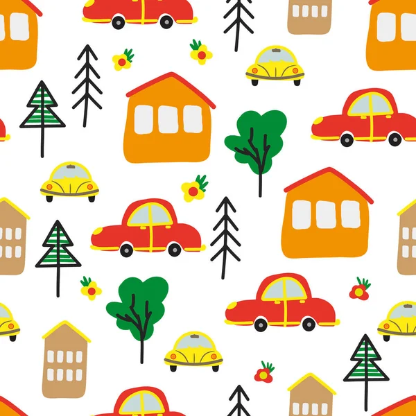 Seamless pattern with hand-drawn cars and houses, trees in the Scandinavian style, cartoon childrens background, bright texture on the car theme, stylish and simple illustration, vector print
