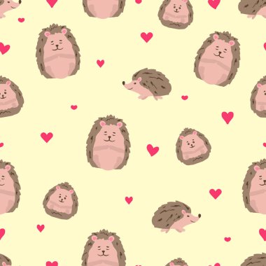 Şirin kirpiler, kalpler ve hayvan izleriyle kusursuz desen. El çizimi, çizgi film tarzı, çocuk arkaplanı, vektör illüstrasyonu