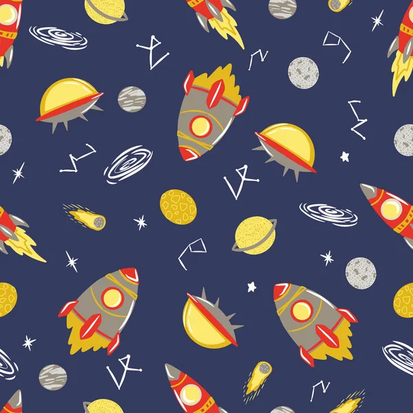 Seamless pattern with Space. Space background for children. Cartoon Rockets, Comets, Planets, Stars, UFOs, Galaxy, Constellation, Black hole. Vector seamless template, Print