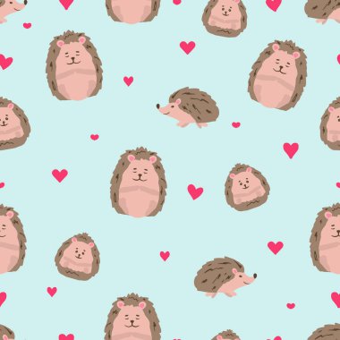 Şirin kirpiler, kalpler ve hayvan izleriyle kusursuz desen. El çizimi, çizgi film tarzı, çocuk arkaplanı, vektör illüstrasyonu