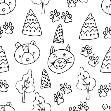 İskandinav tarzında kusursuz desen, karalama stilinde el çizimi, sevimli çocuk deseni, el çizimi çizgi film tarzı, dağlar ve ağaçlar, kızlık zarı, rahat desen, vektör çizimi, parmak izi
