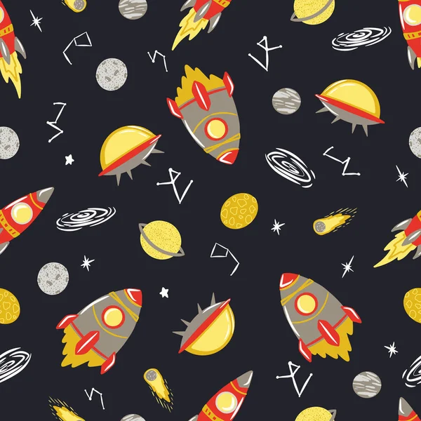 Seamless pattern with Space. Space background for children. Cartoon Rockets, Comets, Planets, Stars, UFOs, Galaxy, Constellation, Black hole. Vector seamless template, Print