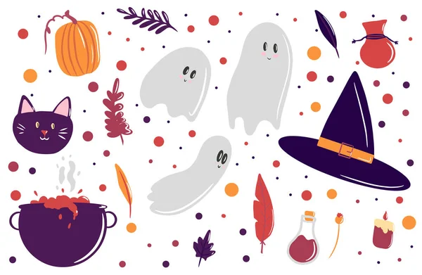 Samling av element för Halloween, en häxa hatt, söta spöken, en häxa kittel med en dryck, svarta katter ansikte, uppsättning blad, löv falla, mysigt ljus, höst tecknad illustration, vektor — Stock vektor