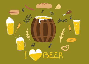 Oktoberfest kutlama seti, bira bardakları, bira fıçısı, oktoberfest bayramı, barbekü sosisi, hamur işi, simit, sosisli sandviç, buğday filizi, el yapımı bira yazması. Kağıt, tekstil, çıkartma, çizgi film