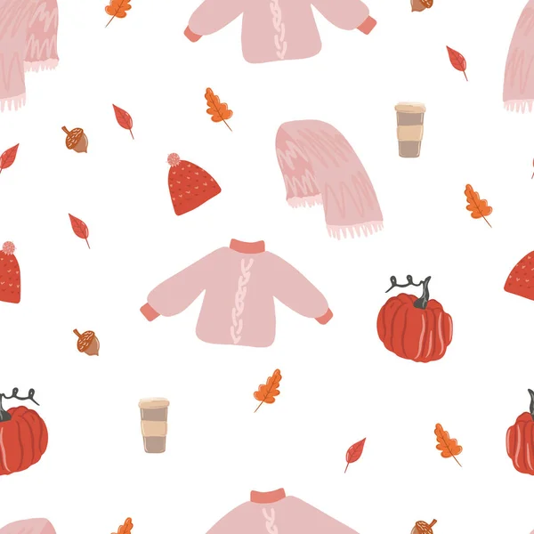 매끈 한 솔기가없는 무늬, 낙엽 과 호박 무늬, 아늑 한 가을 날, 따뜻 한 가을 날씨, 따뜻 한 가을 연무 속의 따뜻 한 커피 , 따뜻 한 모자, 뜨개 질 한 스웨터 그리고 스카프 . 카툰 삽화, 현대 디자인 — 스톡 벡터