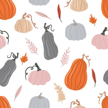 Kabaklı kusursuz desen, sonbahar yaprakları ve ince dallar beyaz arka planda, renkli balkabakları, bir çift balkabağı, merhaba samimi sonbahar, hygge, çizgi film çizimi, vektör çizimi