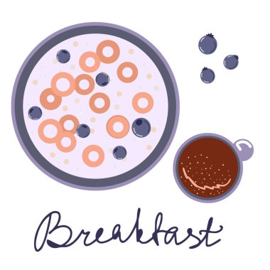 Lezzetli kahvaltı, kuru kahvaltı tabağı, hızlı atıştırmalık mısır gevreği, sıcak içecek, kahvaltılık bir tabak kahve, el çizimi, düz stil, izole edilmiş arka plan, vektör çizimi.