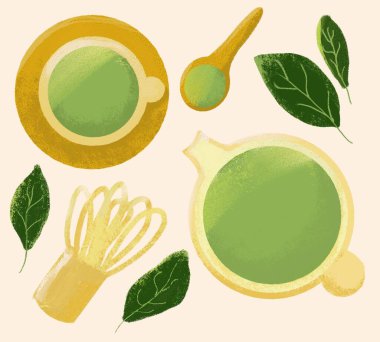 Çay içme seti, yeşil detoks içeceği, çay yaprakları. İçme zamanı. Kibrit tozu, tahta kaşık ve çırpı, yeşil çay ve çaydanlık koleksiyonu. Yeşil çayın gerçekçi el çizimi.